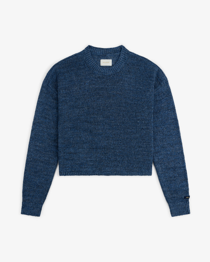 Linen Knit Crewneck Sweater with long sleeves, ribbed cuffs and hem, shown on a white background.