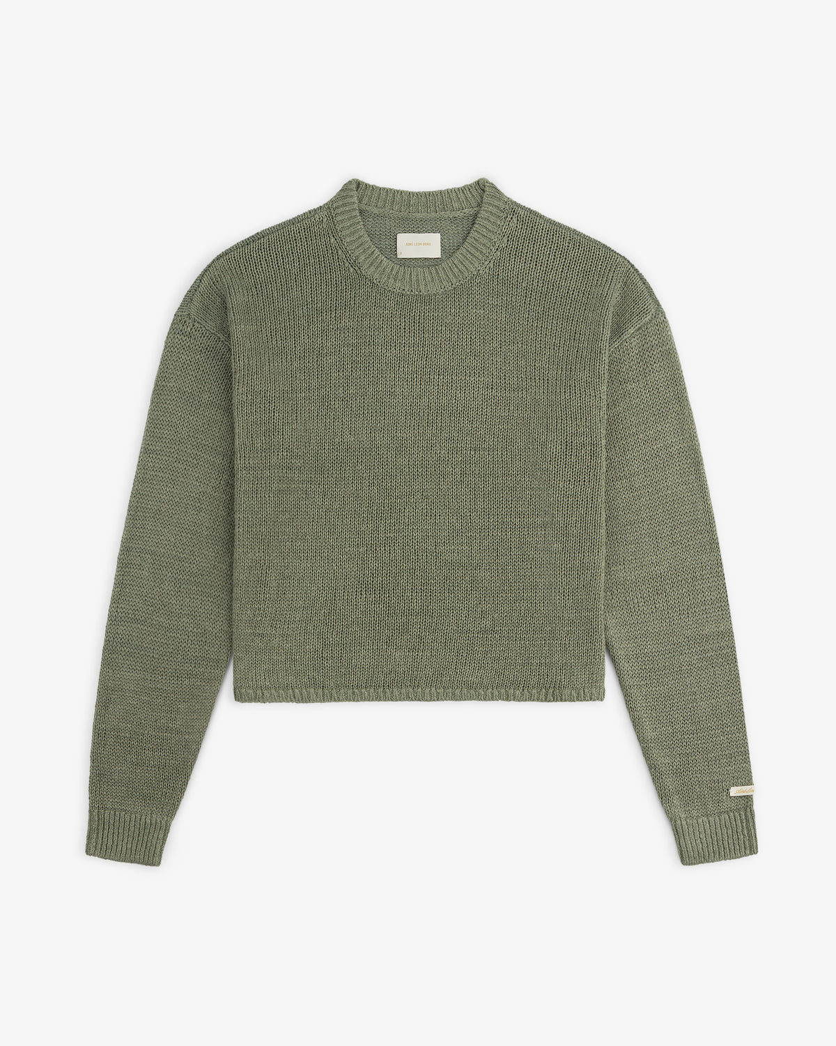 Linen Knit Crewneck Sweater in olive green with long sleeves and ribbed cuffs, shown flat on a white background.