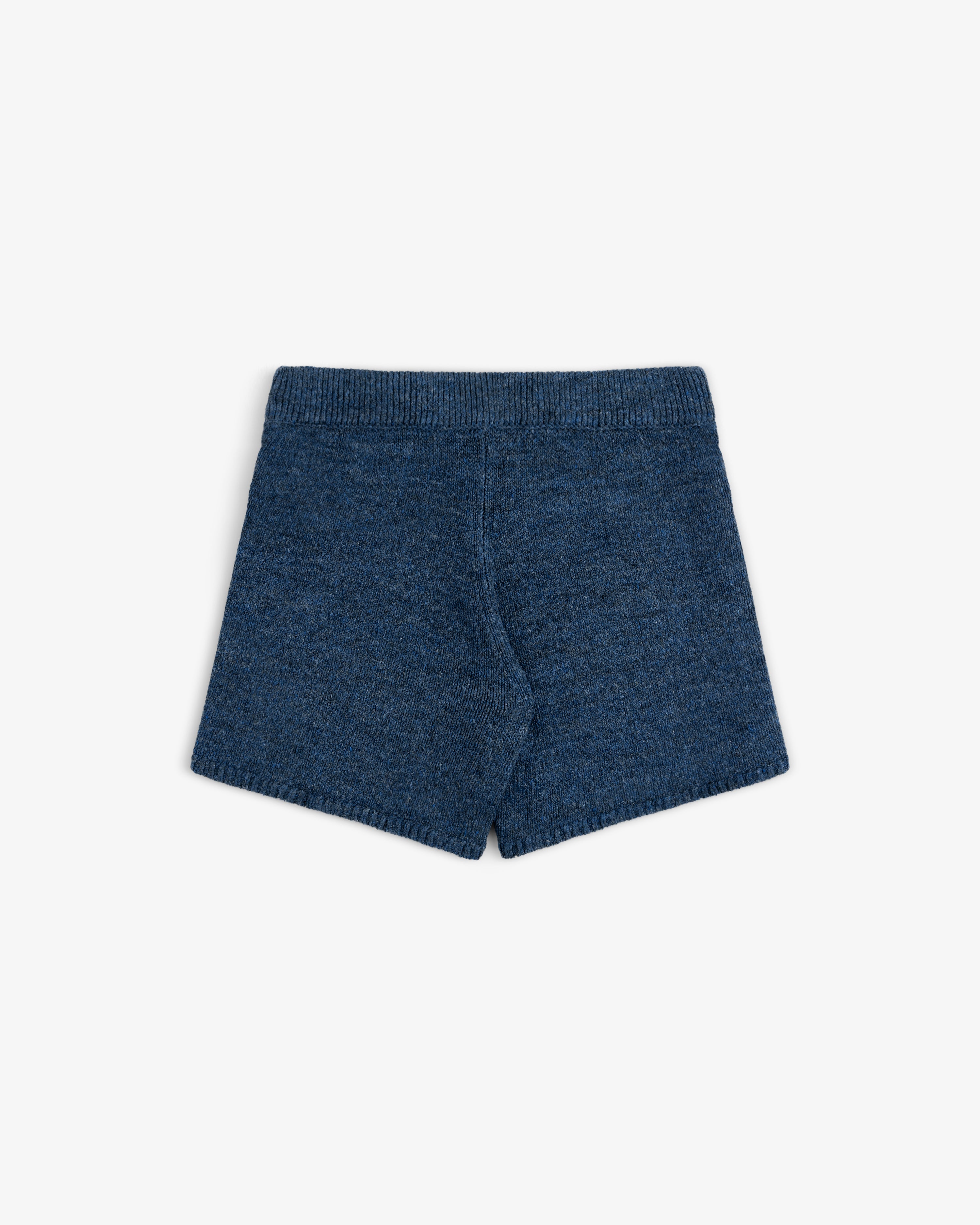 Linen Knit Drawstring Short in blue, back view, laid flat on a white background with an elastic waistband.