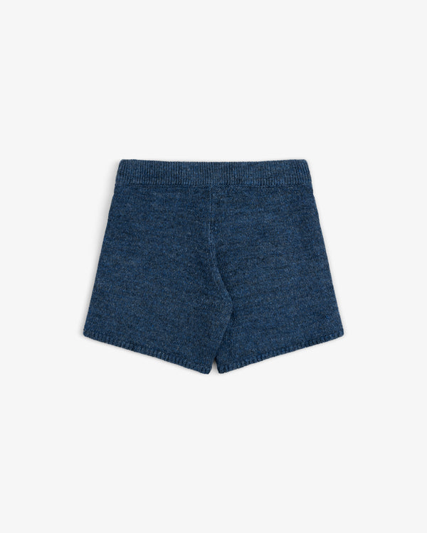 Linen Knit Drawstring Short in blue, back view, laid flat on a white background with an elastic waistband.