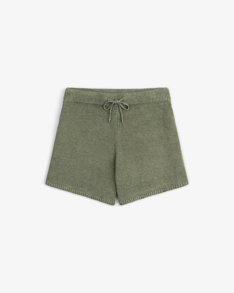 Linen Knit Drawstring Short in olive green, shown flat on a white background.