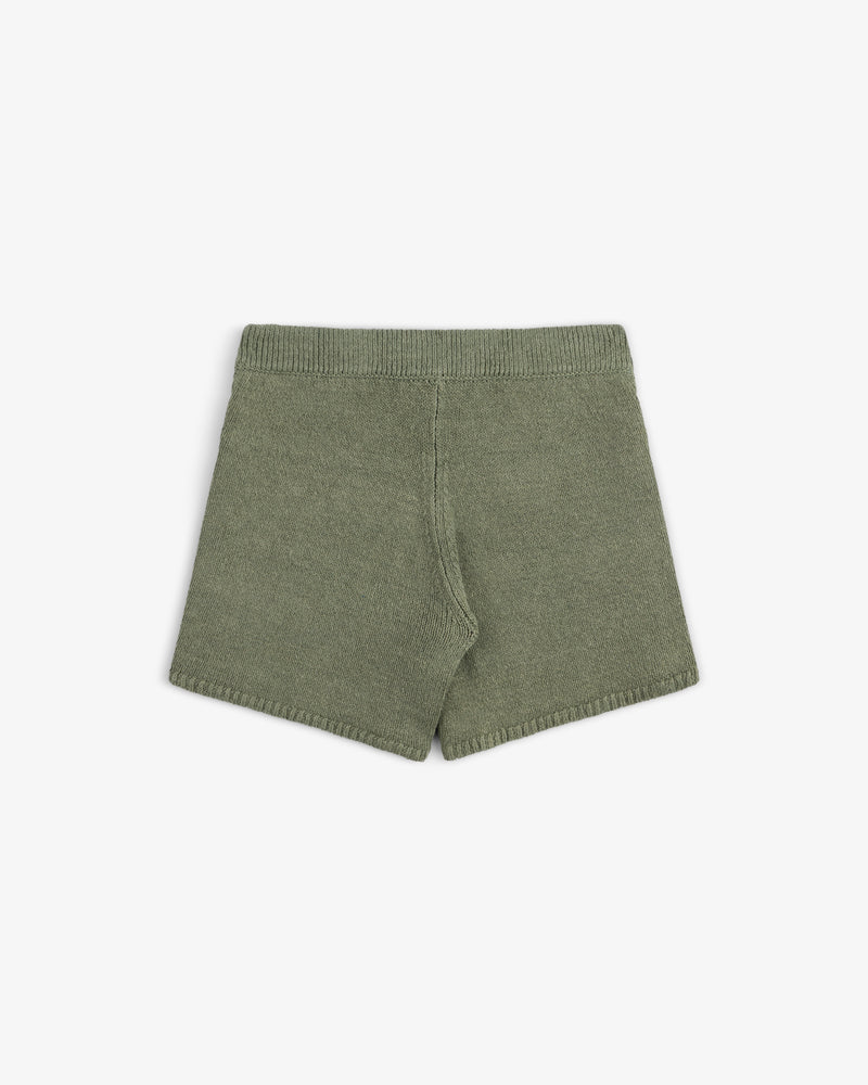 Olive green Linen Knit Drawstring Short with an elastic waistband, shown flat on a white background.