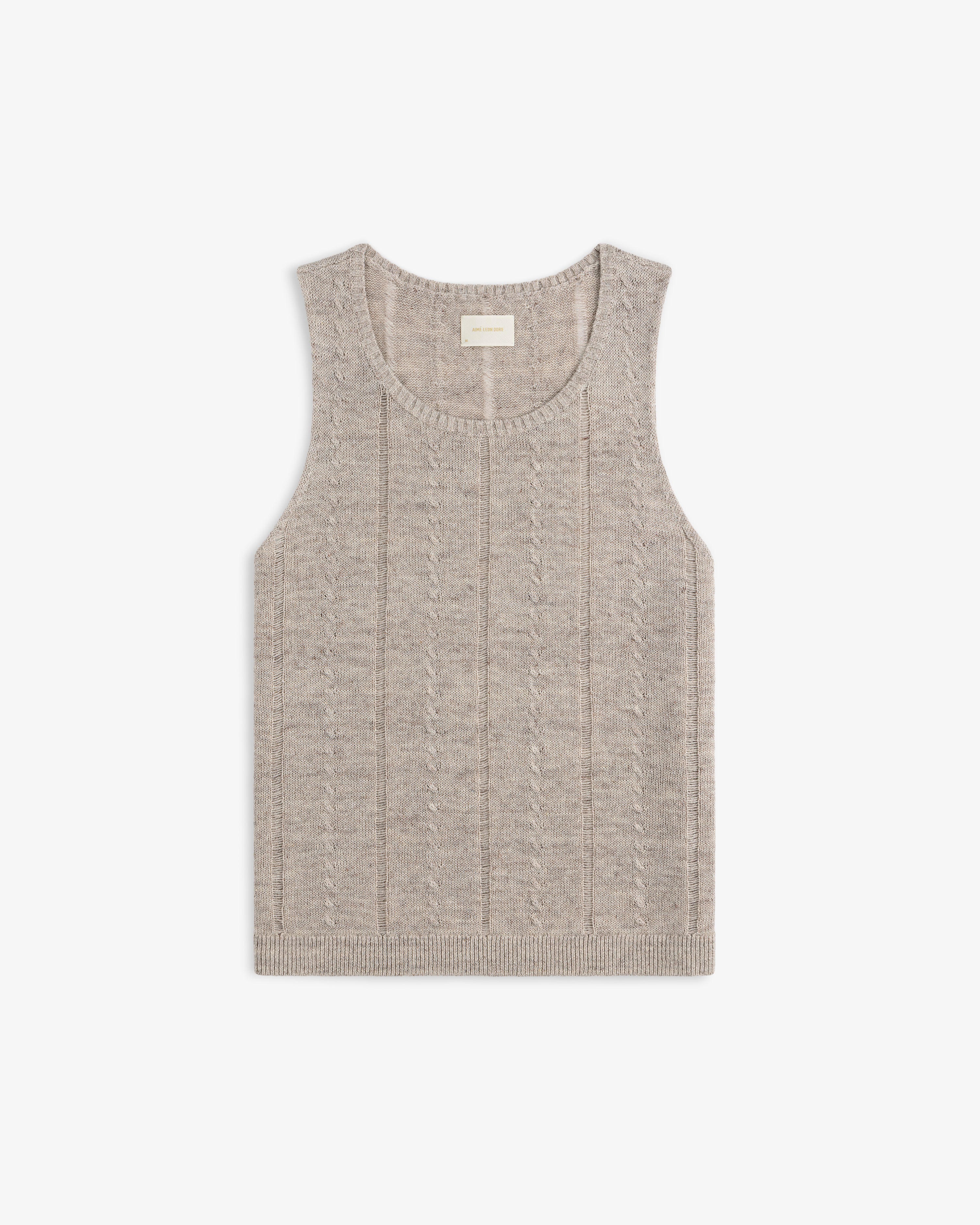 Pointelle Tank Top in beige, sleeveless with ribbed hem, shown flat on a white background.