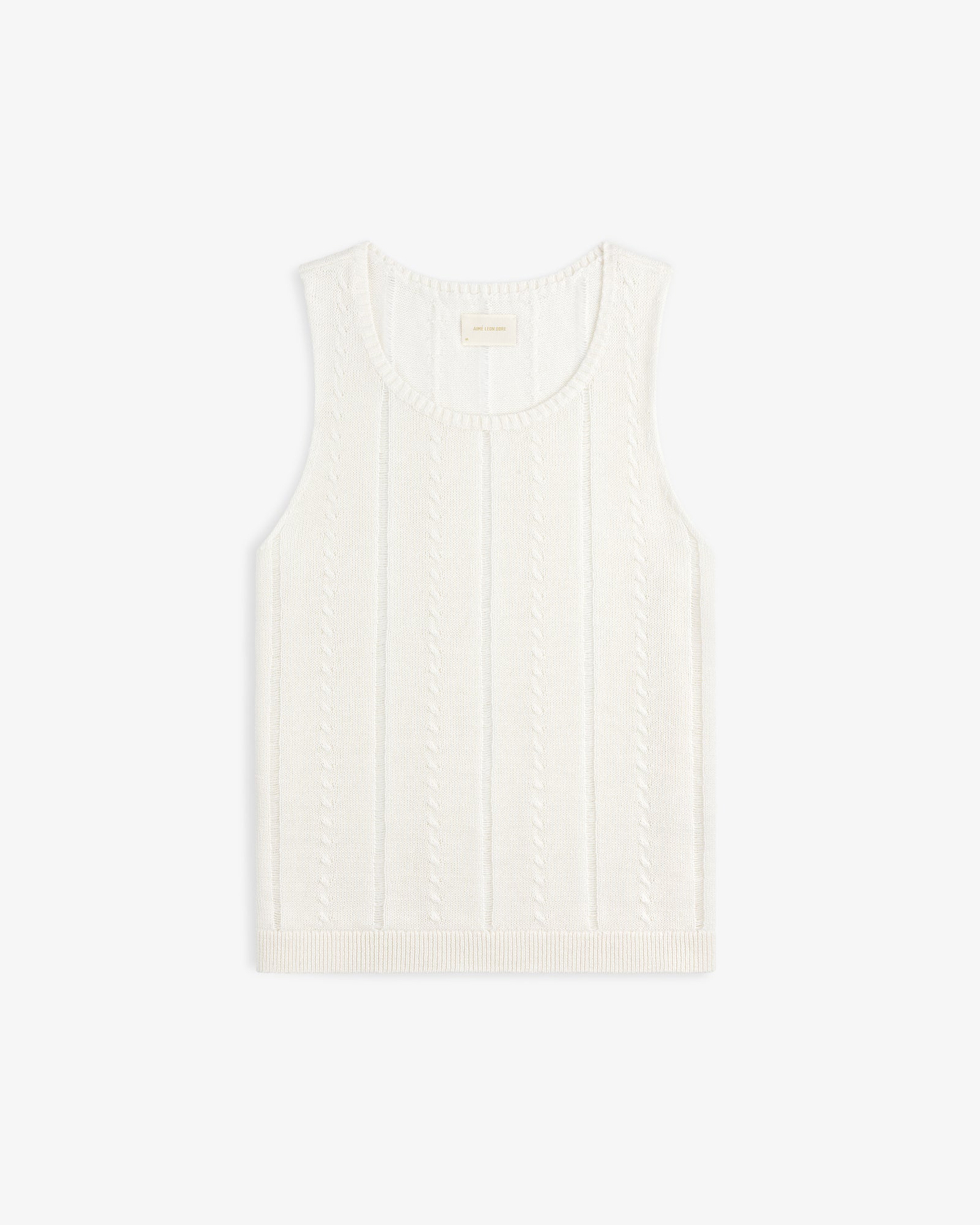 Pointelle Tank Top in white, sleeveless knit with a cable pattern, shown flat on a plain white background.