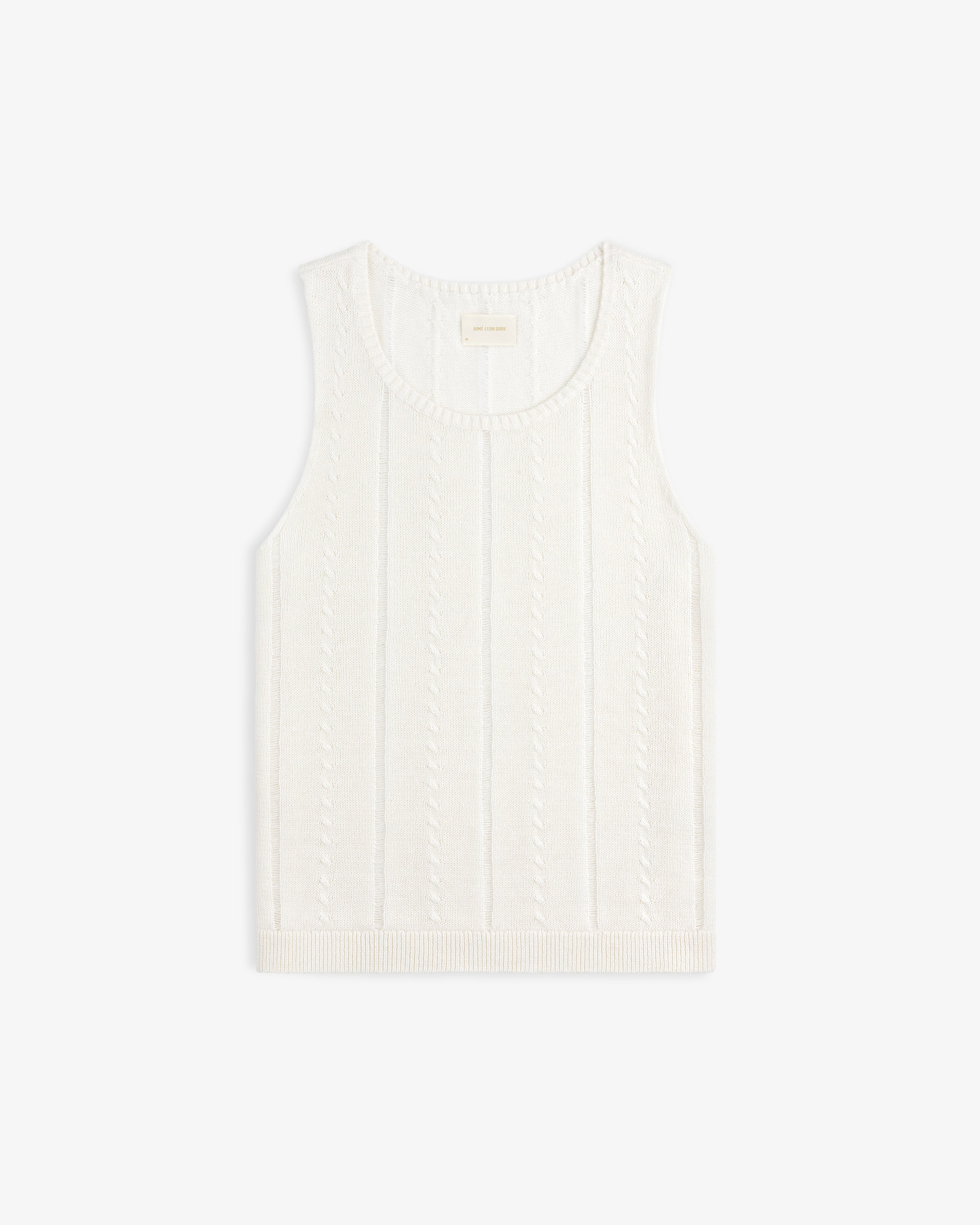Pointelle Tank Top in white, sleeveless knit with a cable pattern, shown flat on a plain white background.