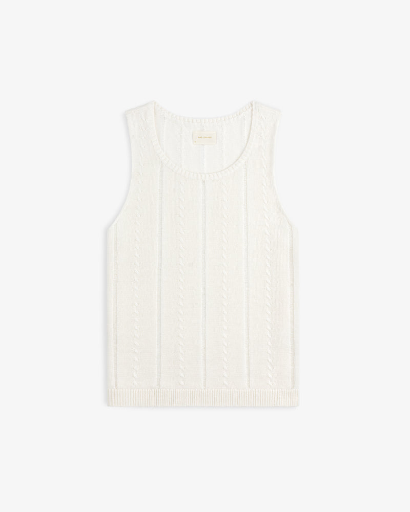 Pointelle Tank Top in white, sleeveless knit with a cable pattern, shown flat on a plain white background.