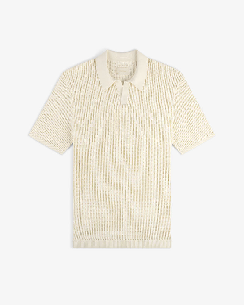 Cream-colored Mesh Knit Polo with short sleeves, textured pattern, and collar, laid flat on a white background.