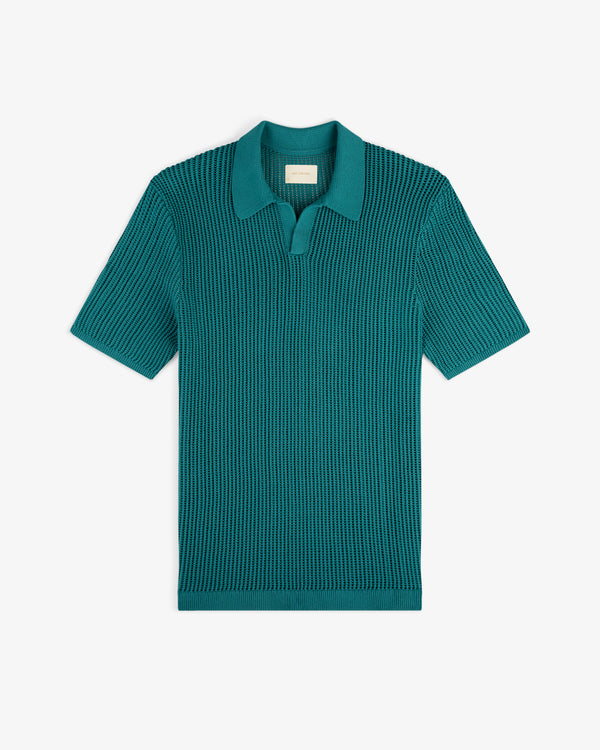 Mesh Knit Polo in teal with ribbed texture and spread collar, short sleeves, laid flat on white background.