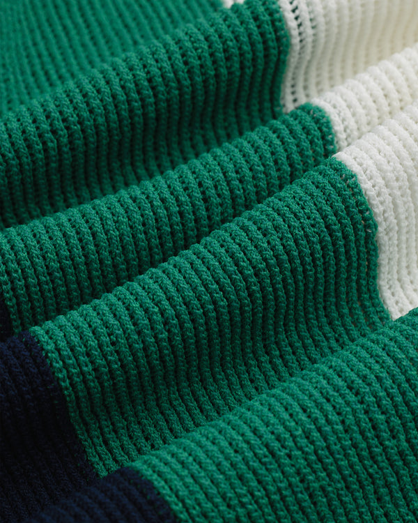 Close-up of Striped Mesh Knit Tee featuring ribbed fabric with green, white, and dark blue horizontal stripes.
