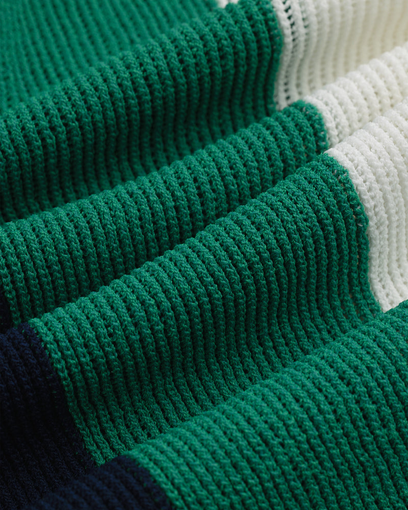 Close-up of Striped Mesh Knit Tee featuring ribbed fabric with green, white, and dark blue horizontal stripes.