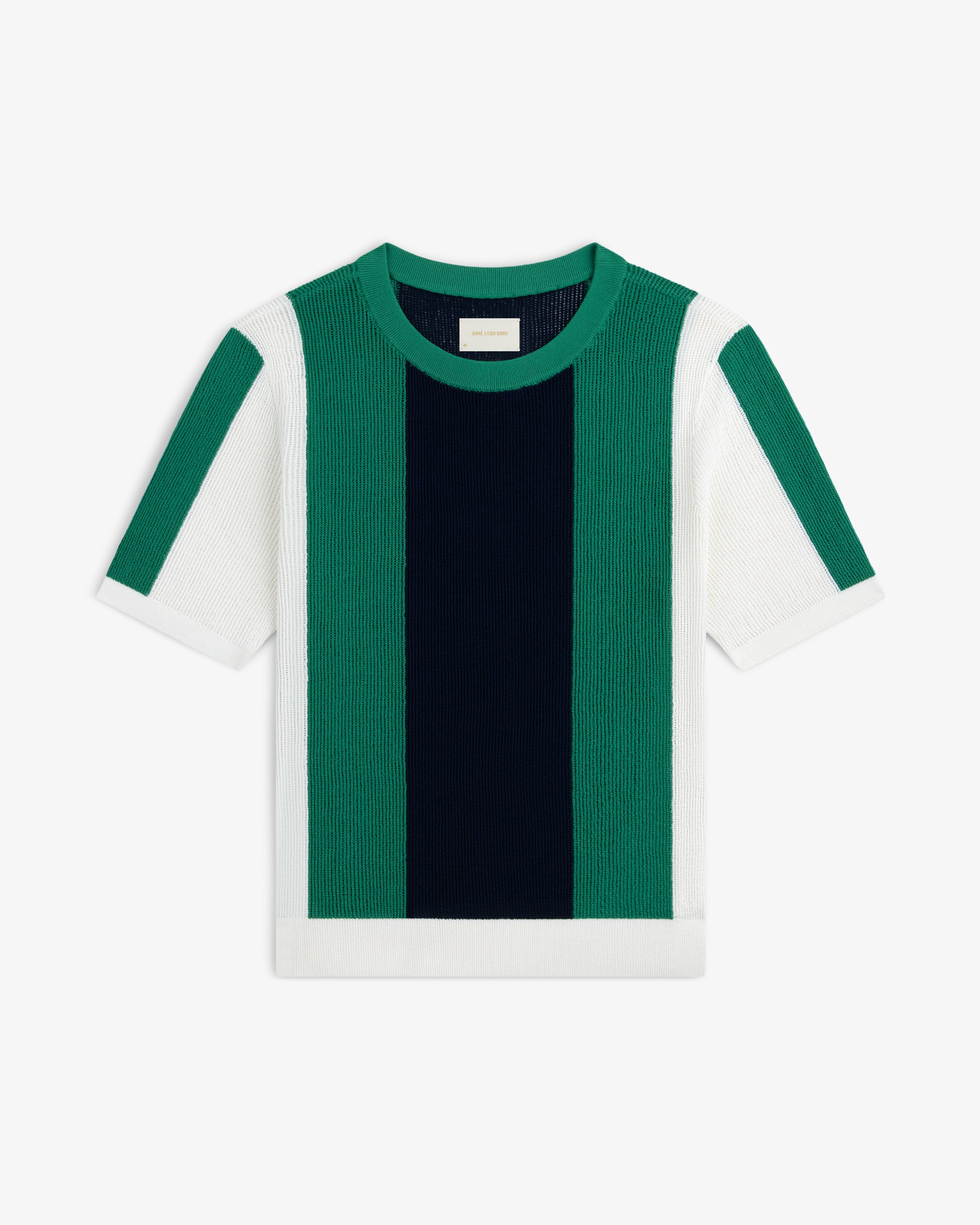 Striped Mesh Knit Tee with green, navy blue, and white vertical stripes on a plain white background.