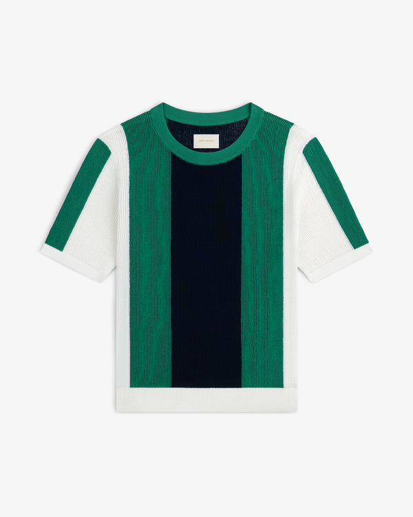 Striped Mesh Knit Tee with green, navy blue, and white vertical stripes on a plain white background.
