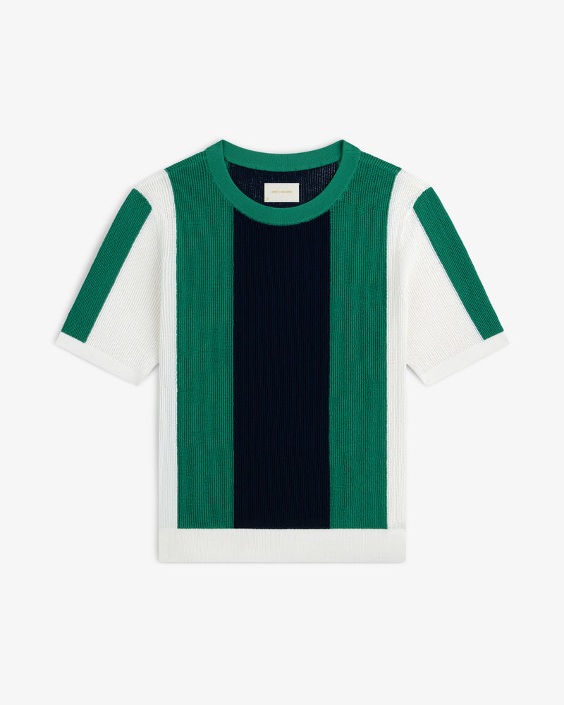 Striped Mesh Knit Tee with green, navy blue, and white vertical stripes on a plain white background.