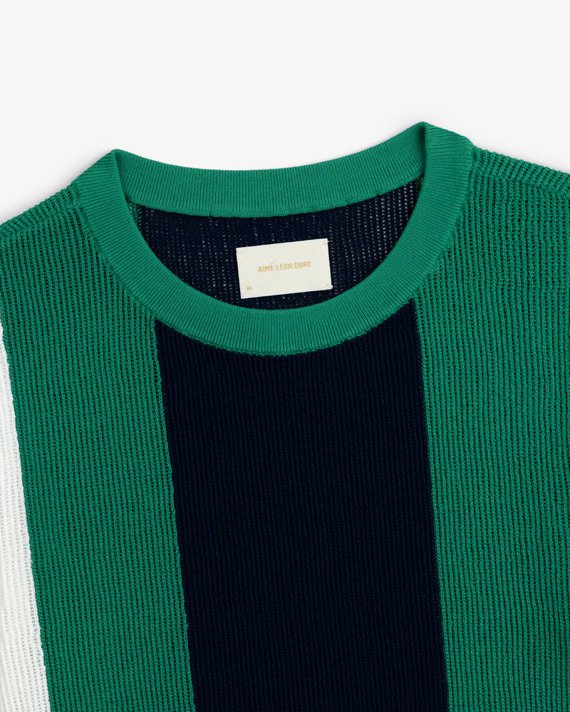 Close-up of a Striped Mesh Knit Tee with green, navy blue, and white vertical stripes and a ribbed crewneck.