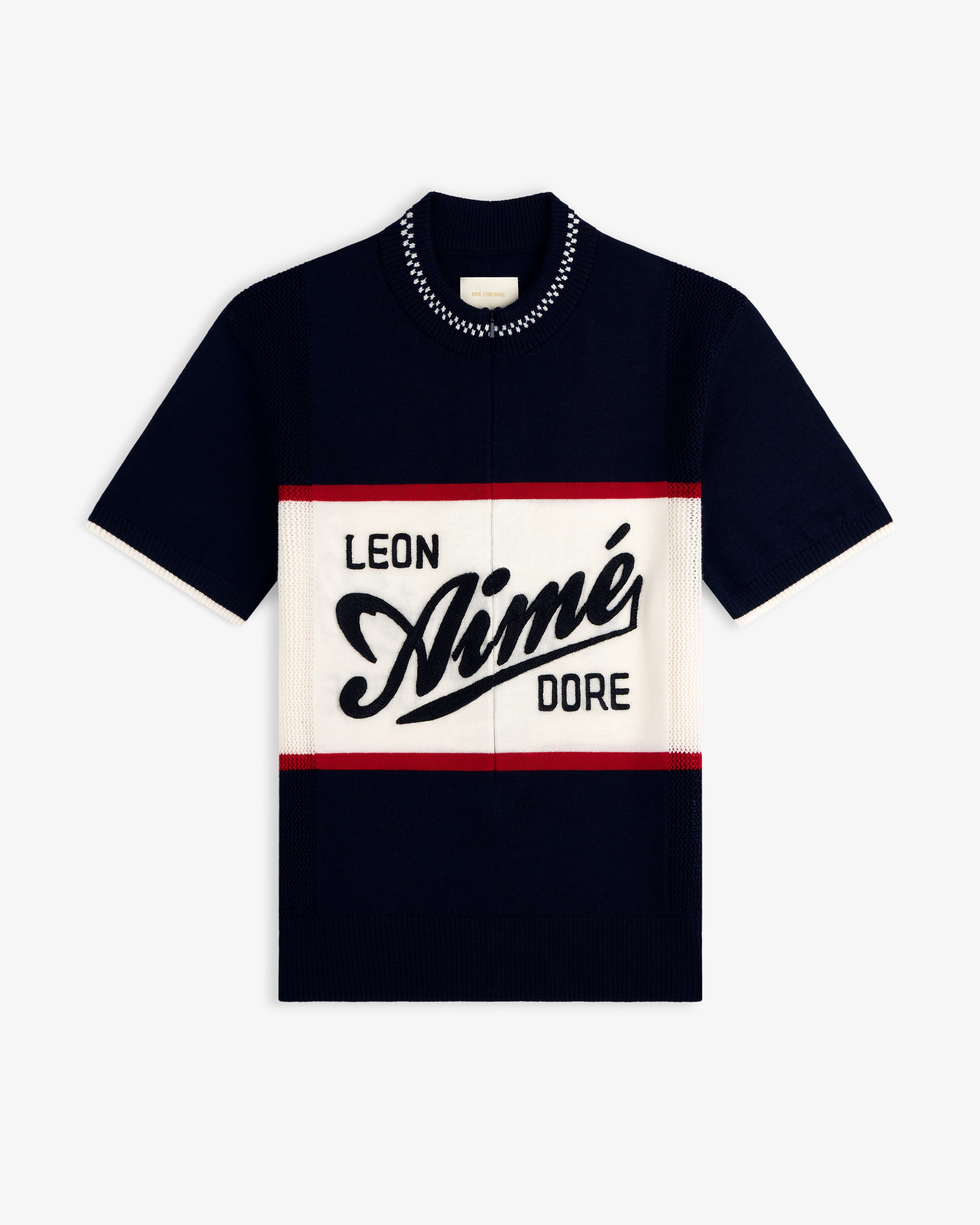 Merino Wool Cycling Jersey in navy with LEON AIMÉ DORE text on a white and red front panel.