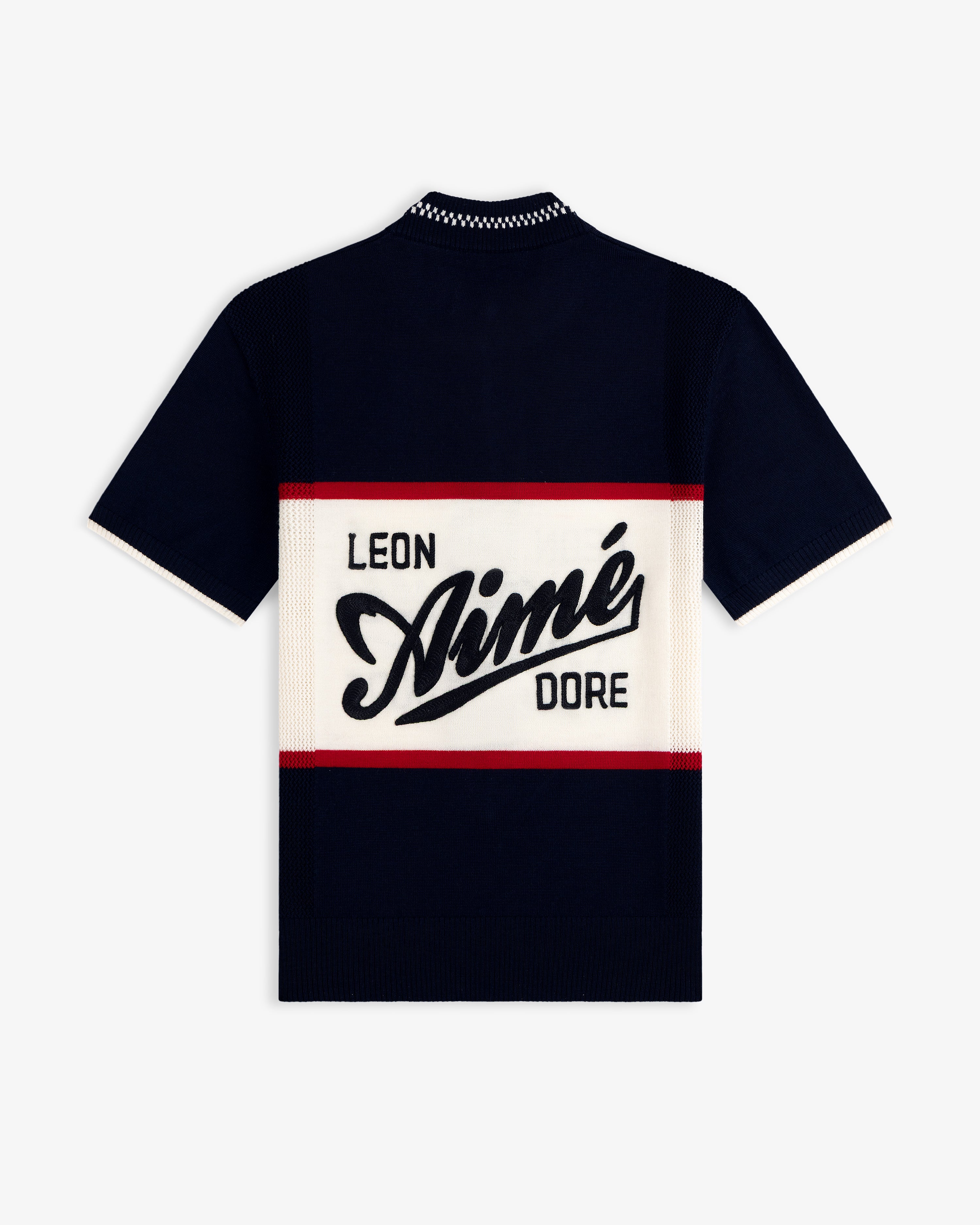 Navy Merino Wool Cycling Jersey with Leon Aimé Dore text on a white and red panel across the back.