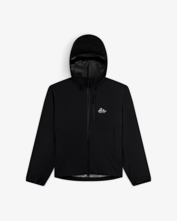 Lightweight GORE-TEX Shell Jacket: black, hooded, front zipper, side pockets, small white logo on left chest.