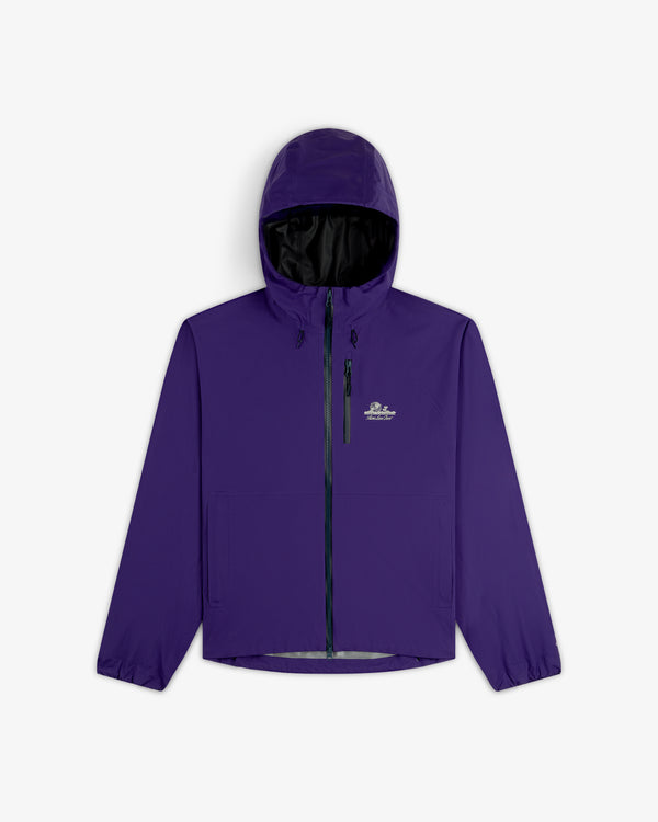 Lightweight GORE-TEX Shell Jacket in purple with hood, front zipper, and chest logo on a white background.