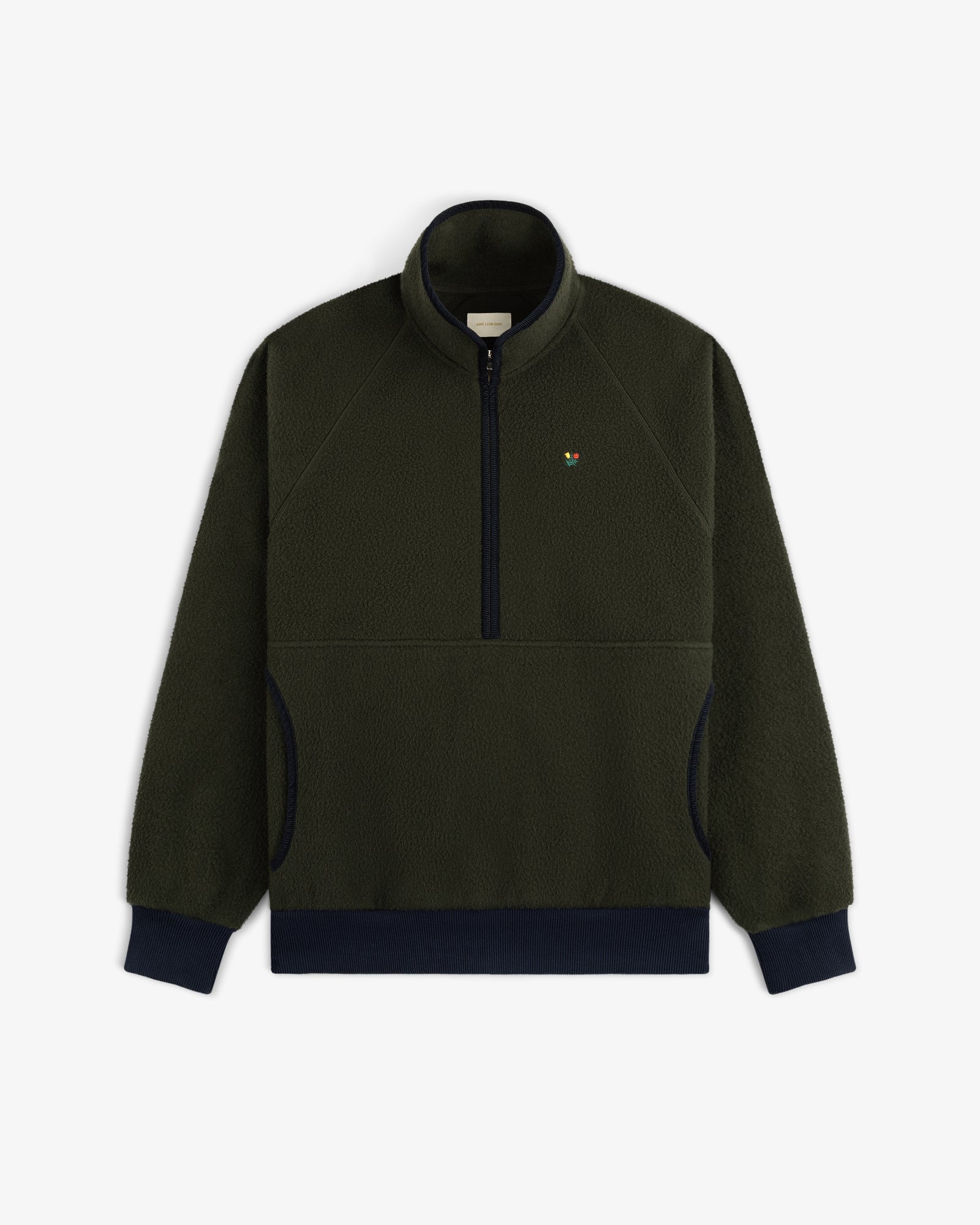 Casentino Crest Half-Zip Pullover: dark green fleece with navy cuffs/hem and a small left-chest embroidered logo.