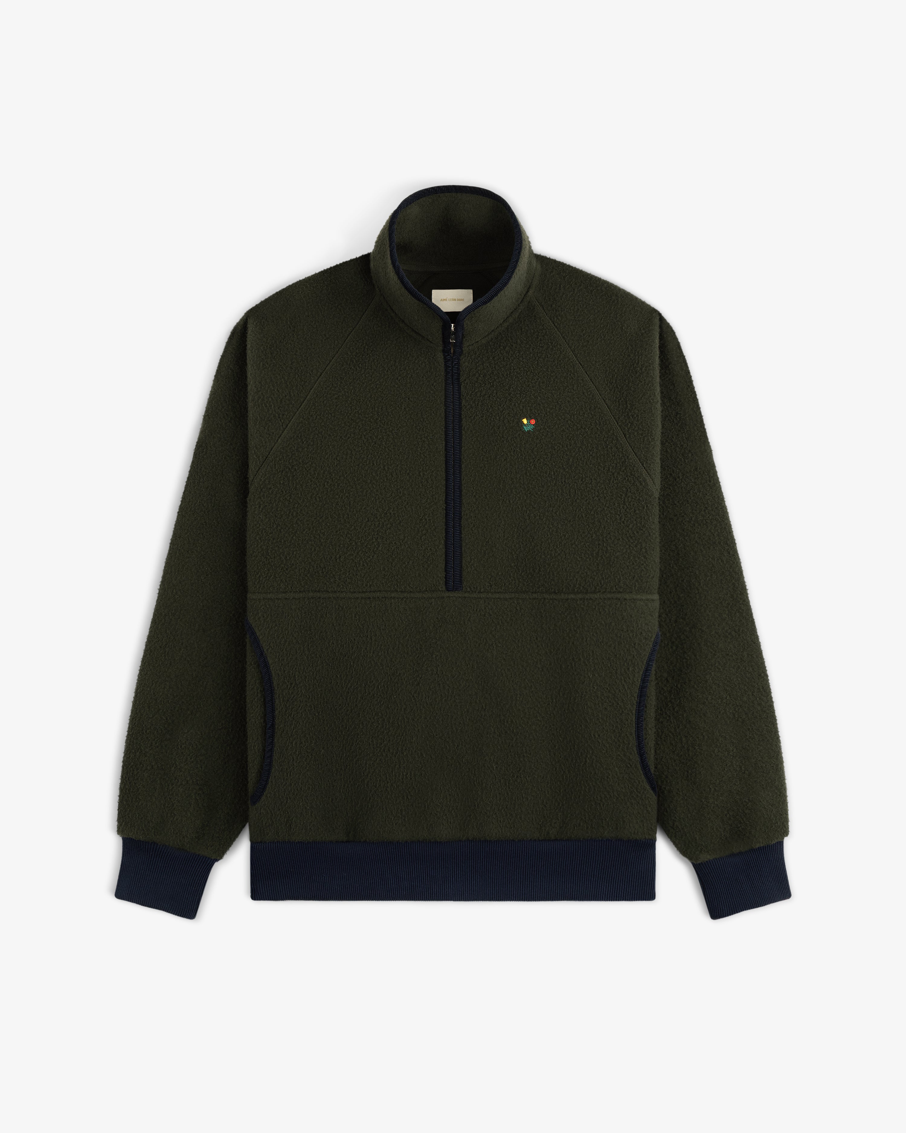 Casentino Crest Half-Zip Pullover: dark green fleece with navy cuffs/hem and a small left-chest embroidered logo.