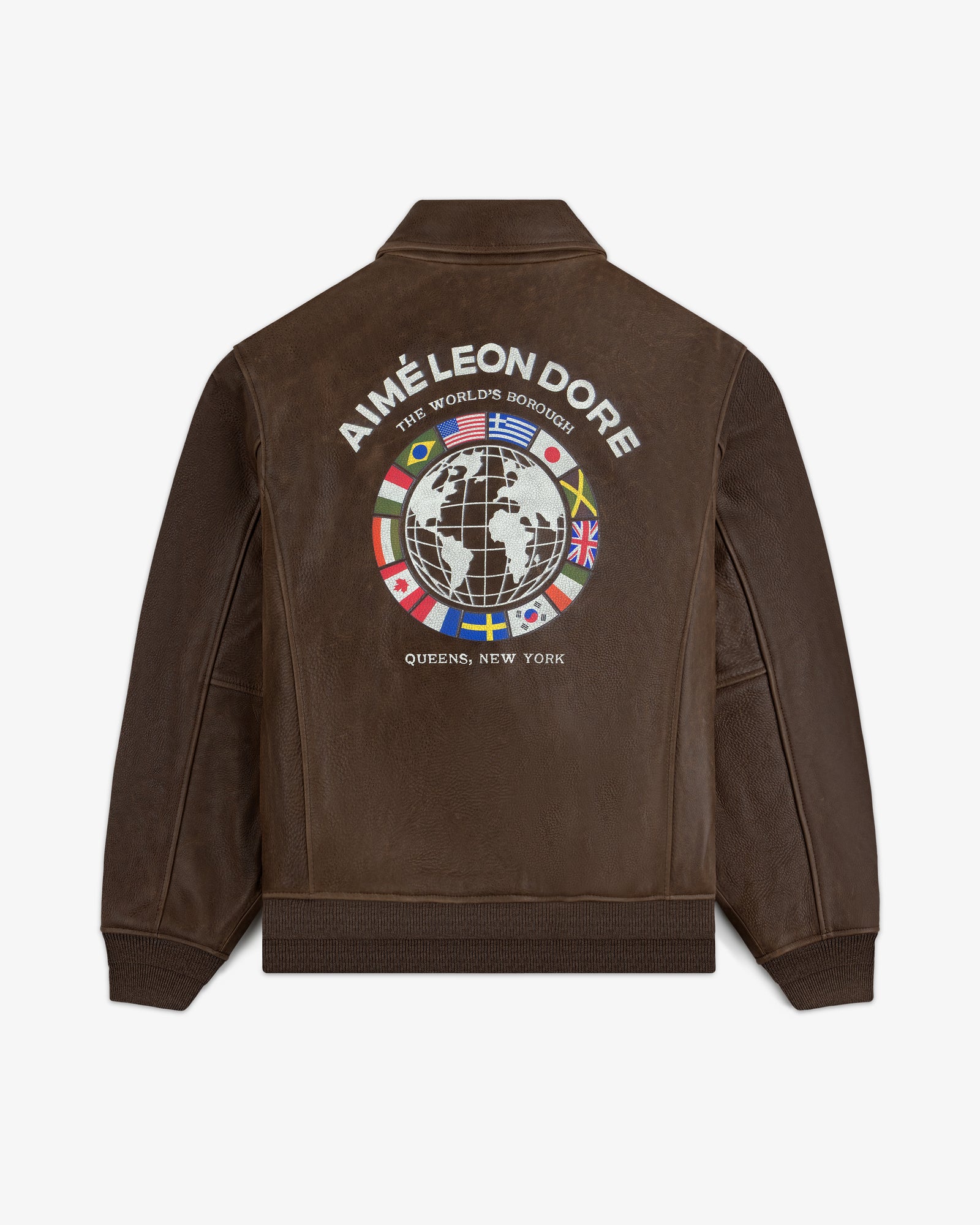 World's Borough Leather Flight Jacket with a globe, international flags, and AIMÉ LEON DORE text on the back.