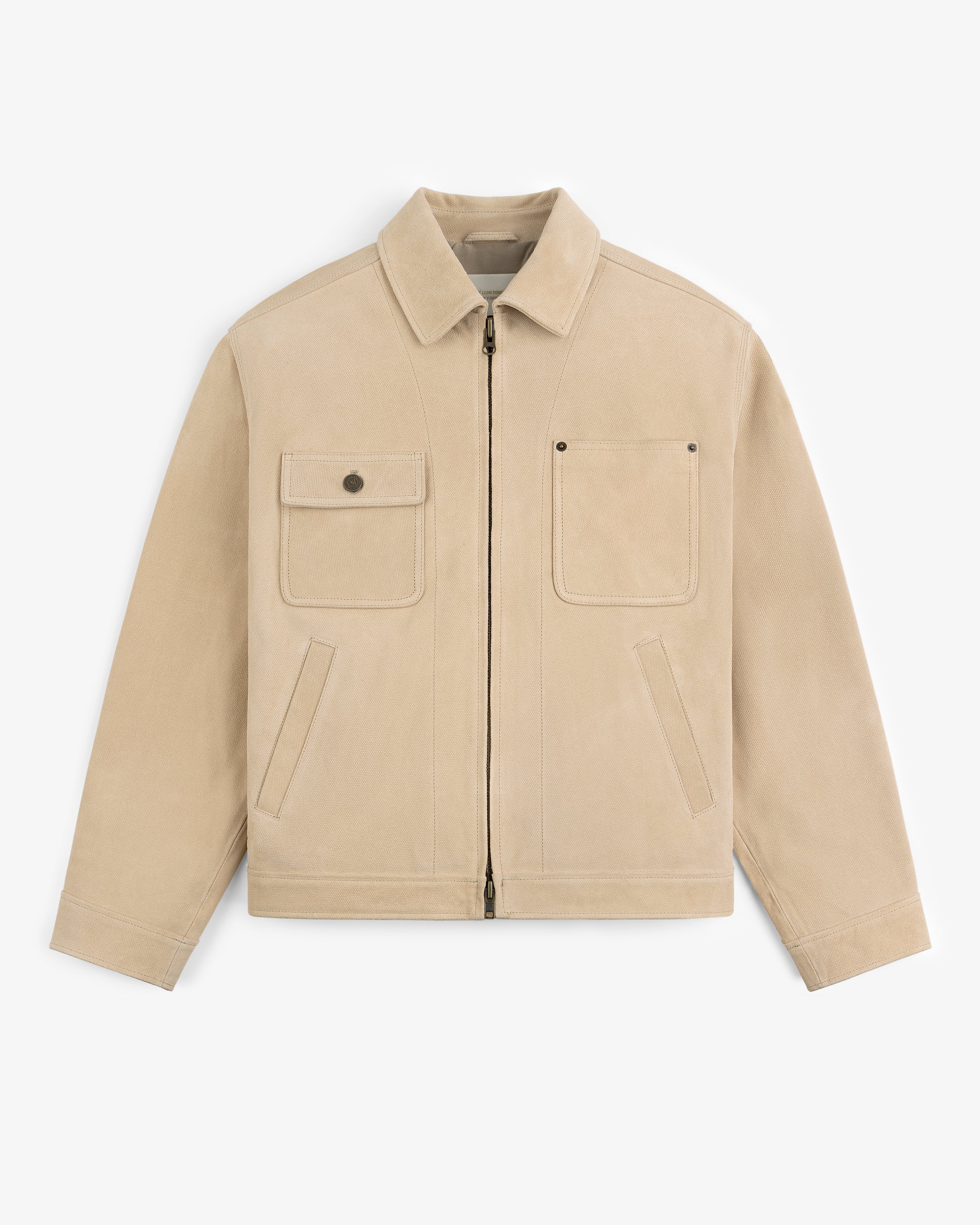 Leather Ranch Jacket in beige suede with collar, front zip, chest pockets, and slanted side pockets, laid flat.