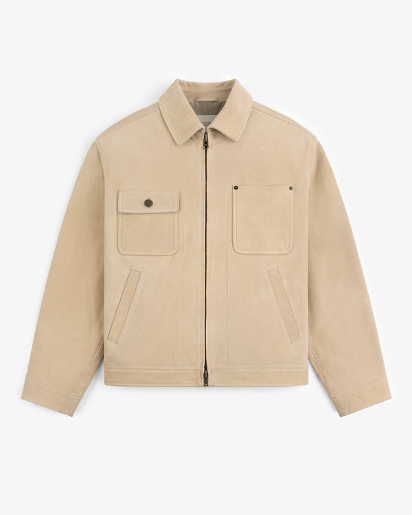 Leather Ranch Jacket in beige suede with collar, front zip, chest pockets, and slanted side pockets, laid flat.