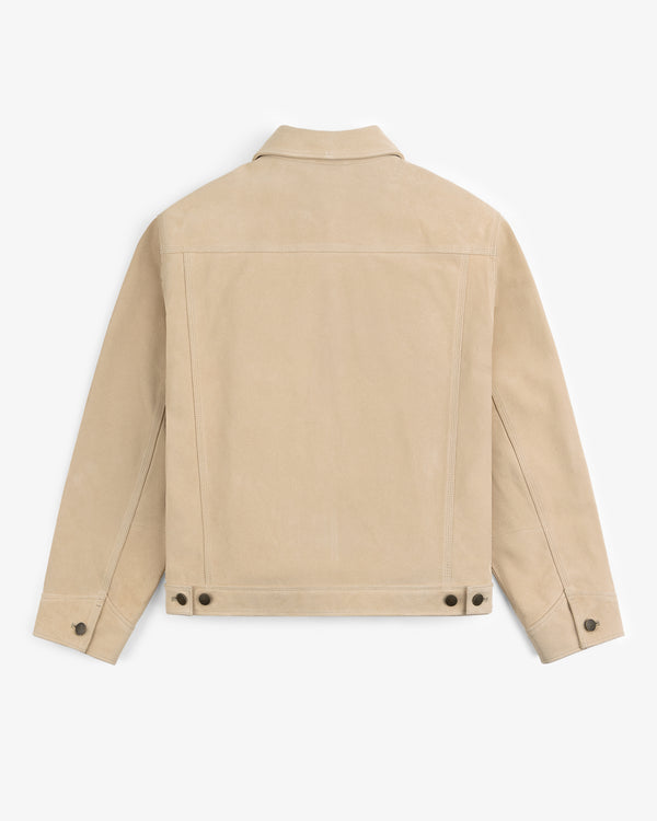 Back view of the Leather Ranch Jacket in beige suede with buttoned cuffs and adjustable waist tabs.