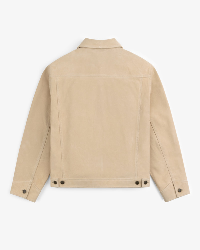 Back view of the Leather Ranch Jacket in beige suede with buttoned cuffs and adjustable waist tabs.