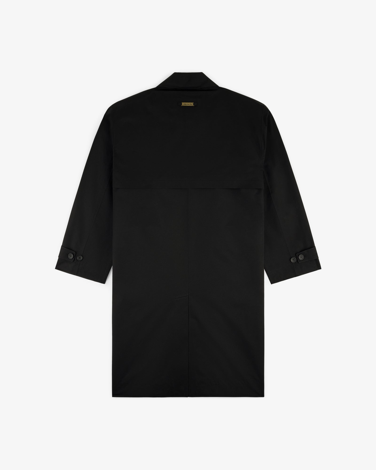 GORE-TEX Balmacaan Coat in black, long-sleeve, with buttoned cuffs and straight hem, shown from the back.