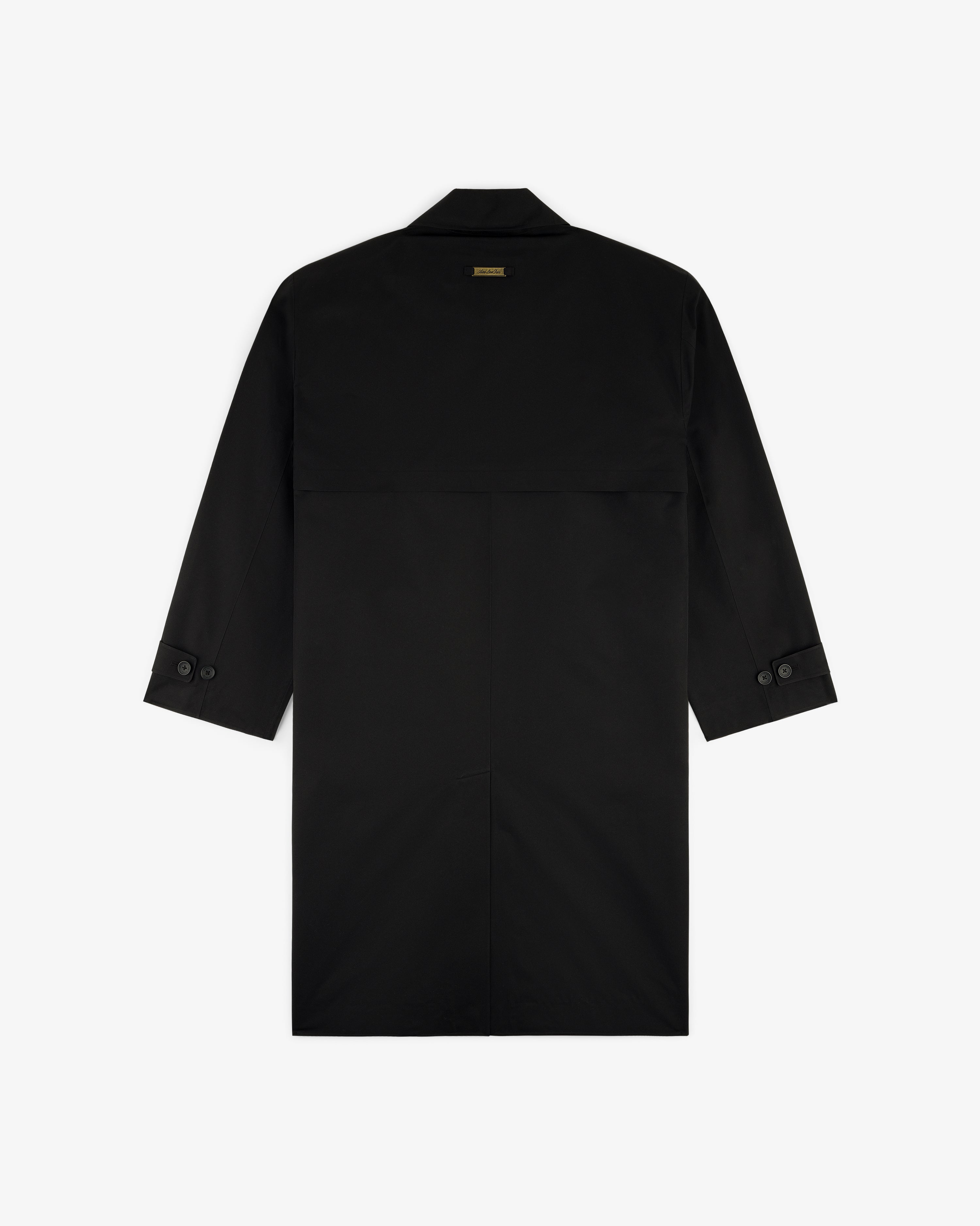 GORE-TEX Balmacaan Coat in black, long-sleeve, with buttoned cuffs and straight hem, shown from the back.