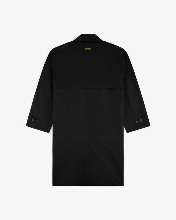 GORE-TEX Balmacaan Coat in black, long-sleeve, with buttoned cuffs and straight hem, shown from the back.