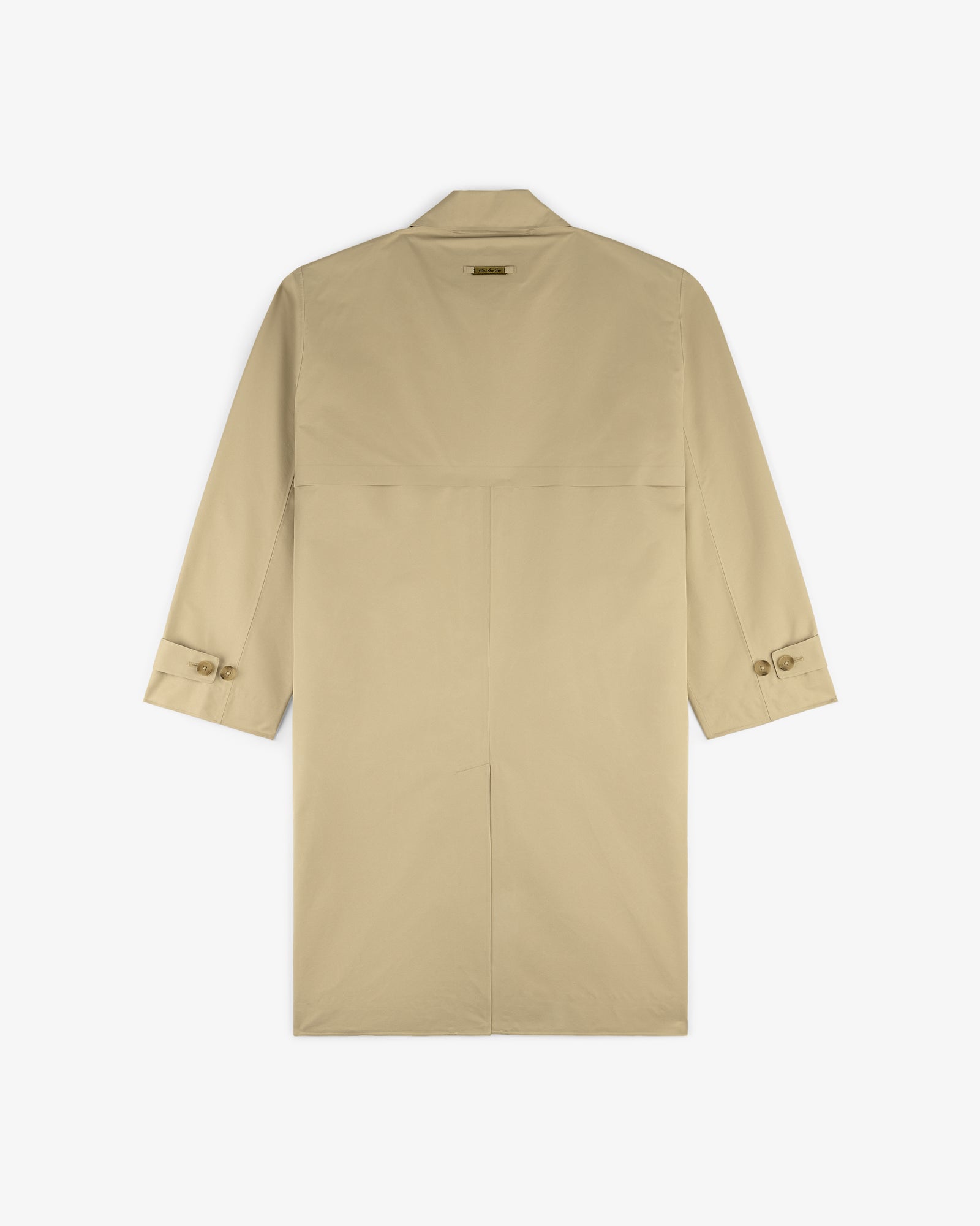 GORE-TEX Balmacaan Coat in beige, shown from the back with buttoned cuffs and a straight, clean silhouette.