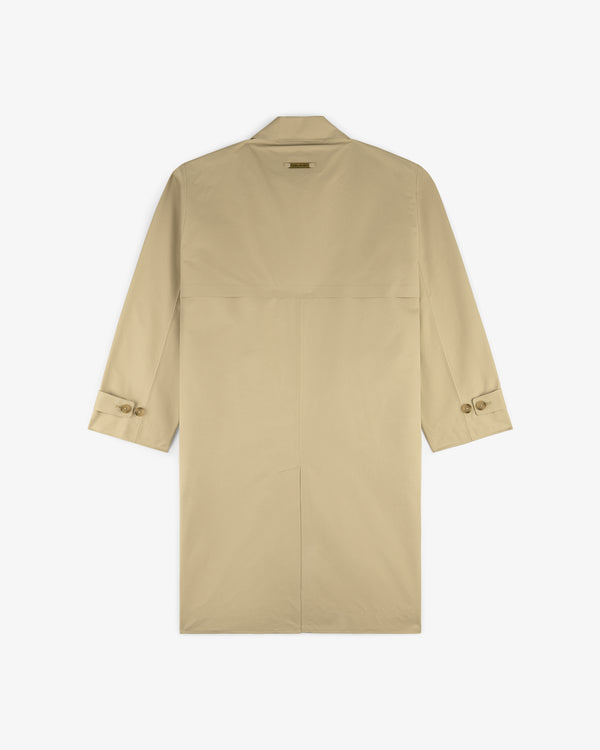 GORE-TEX Balmacaan Coat in beige, shown from the back with buttoned cuffs and a straight, clean silhouette.