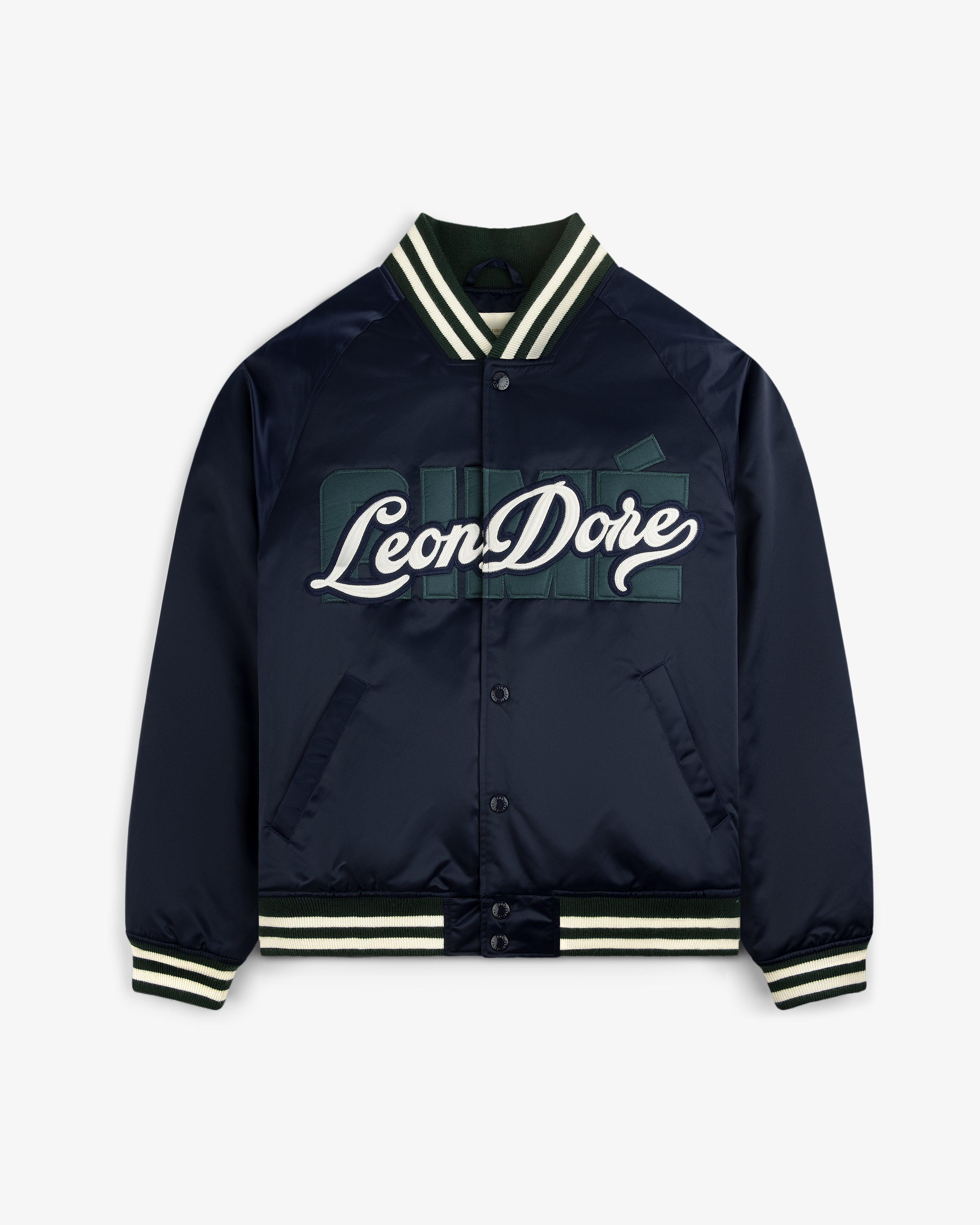 Overlay Logo Satin Varsity Jacket in navy with green and white striped collar, cuffs, and Leon Dore embroidery.