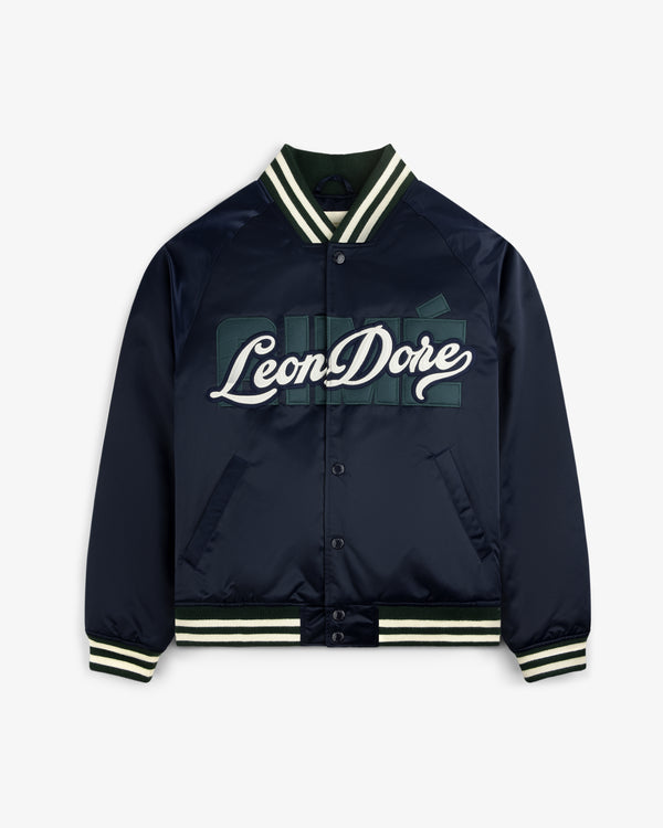 Overlay Logo Satin Varsity Jacket in navy with green and white striped collar, cuffs, and Leon Dore embroidery.