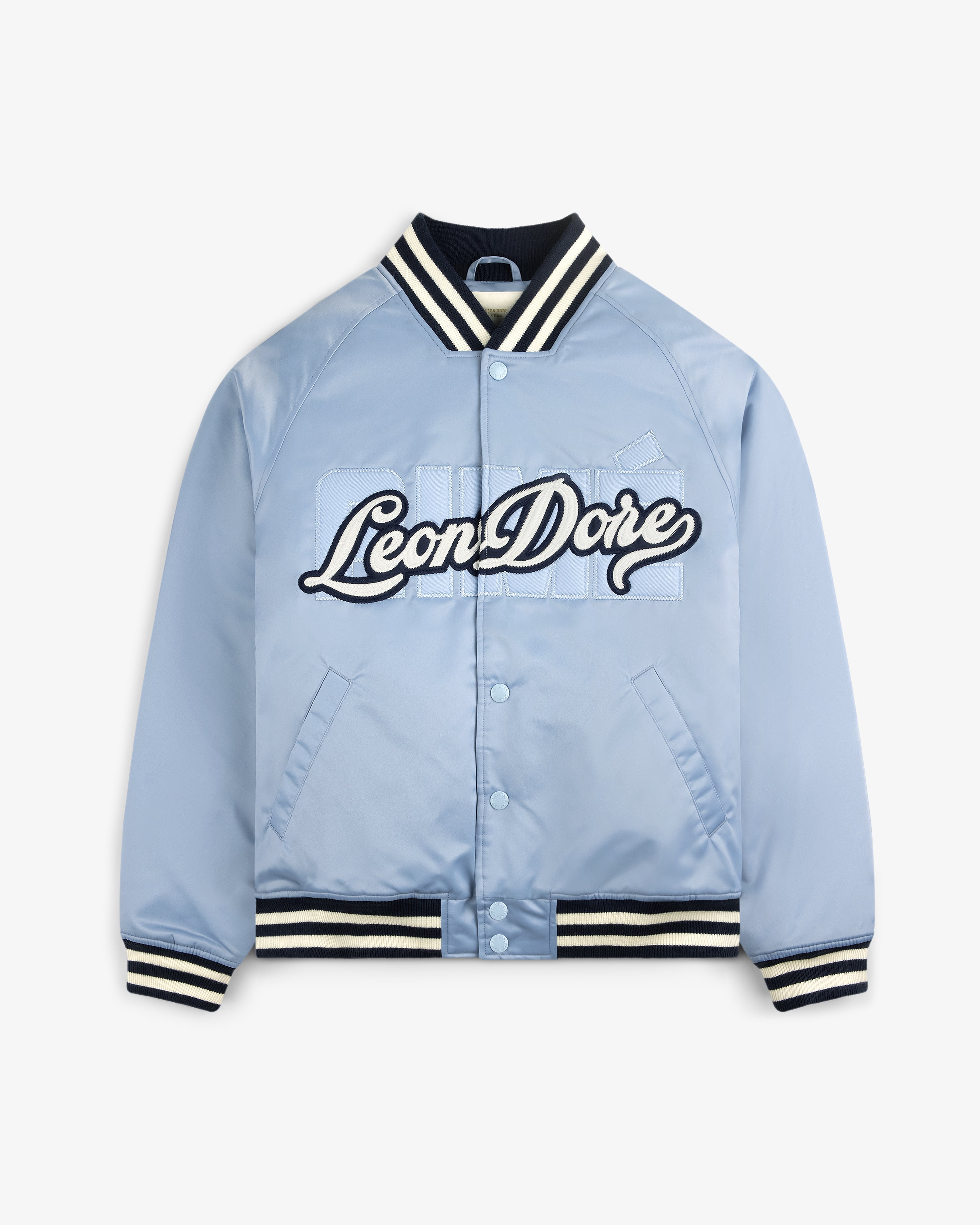 Overlay Logo Satin Varsity Jacket in light blue with striped black/white trim and button front.