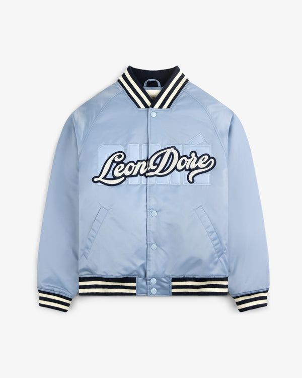 Overlay Logo Satin Varsity Jacket in light blue with striped black/white trim and button front.