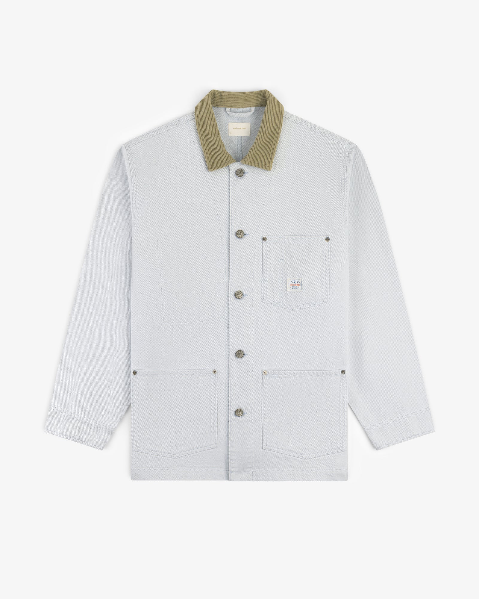 Denim Barn Jacket in light gray with large front pockets and an olive green corduroy collar on a white background.