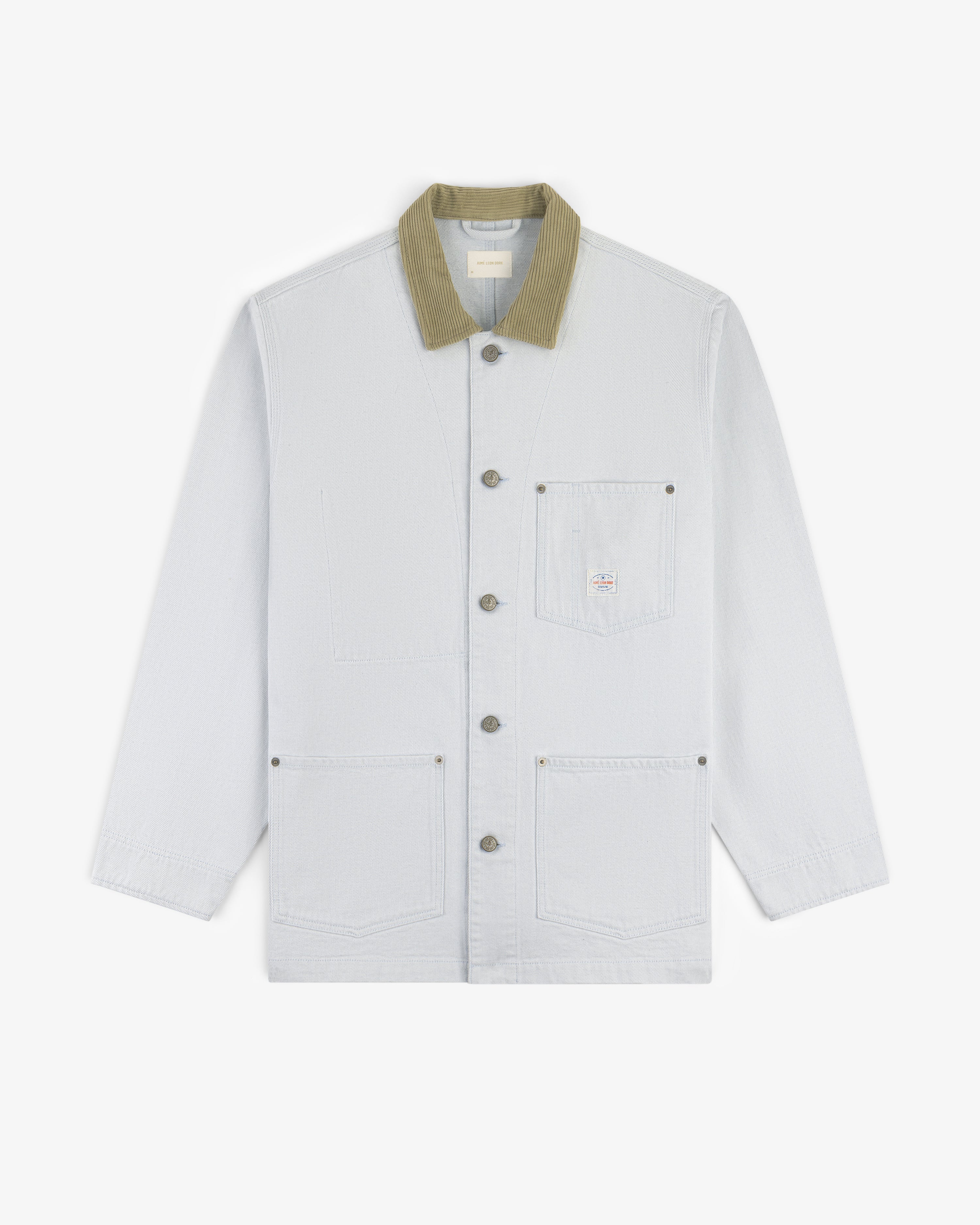 Denim Barn Jacket in light gray with large front pockets and an olive green corduroy collar on a white background.