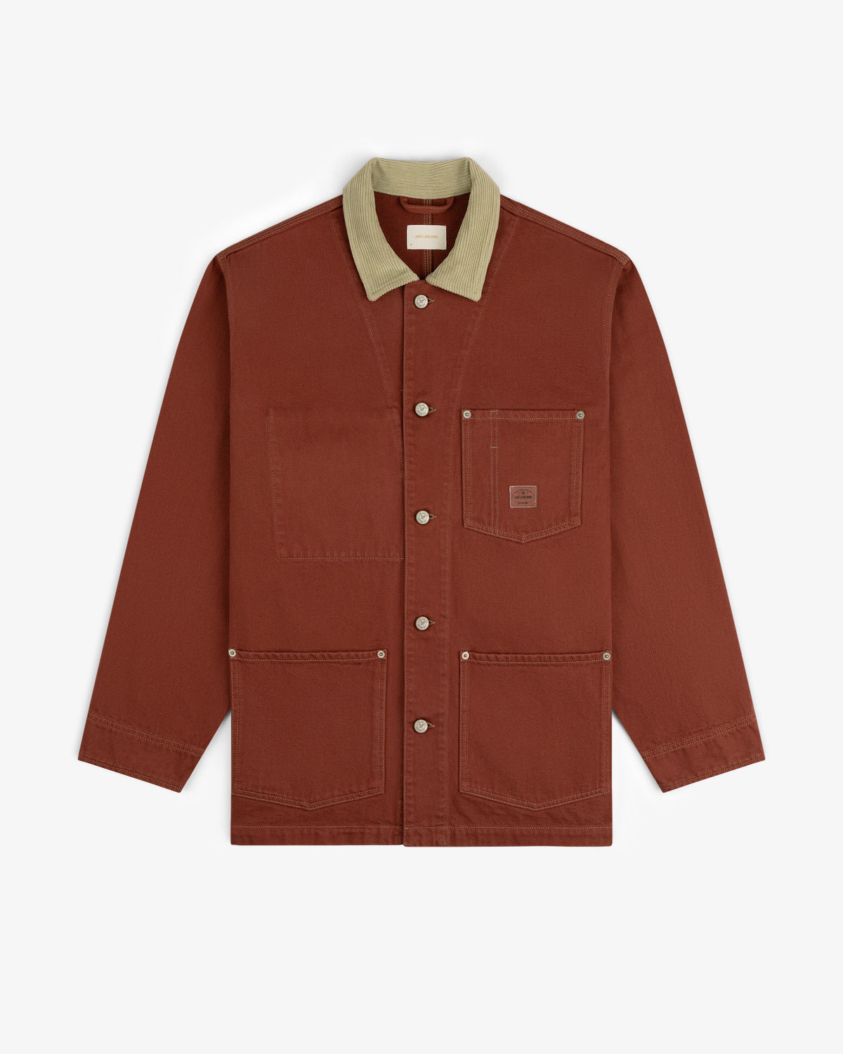Denim Barn Jacket in rust with a beige corduroy collar and four front pockets, shown flat on a white background.