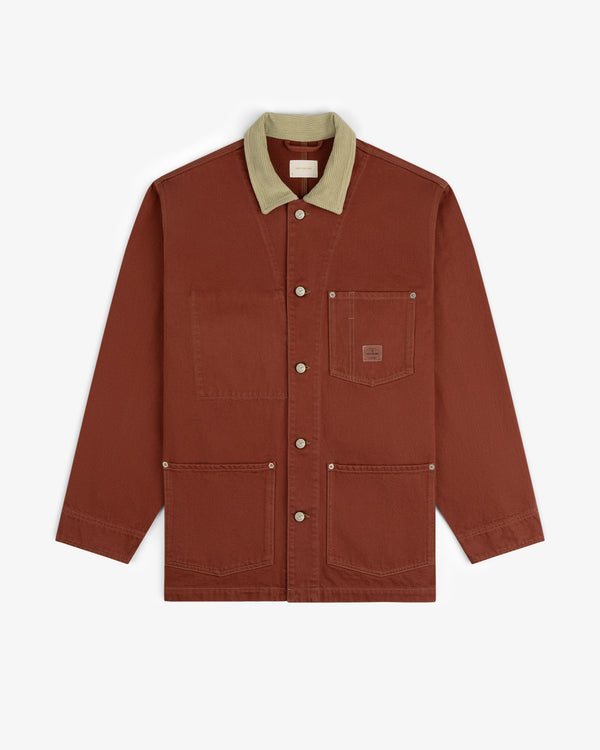 Denim Barn Jacket in rust with a beige corduroy collar and four front pockets, shown flat on a white background.