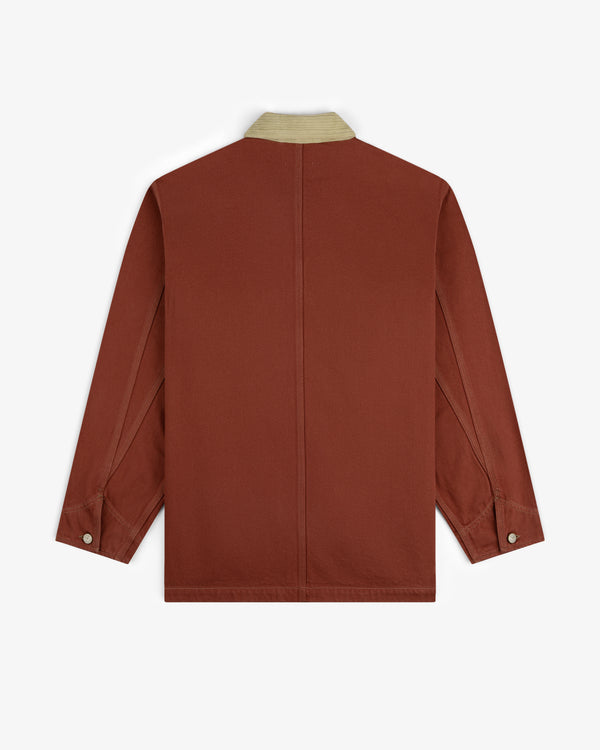Back view of the Denim Barn Jacket in rust with a beige collar and buttoned cuffs, shown on a white background.