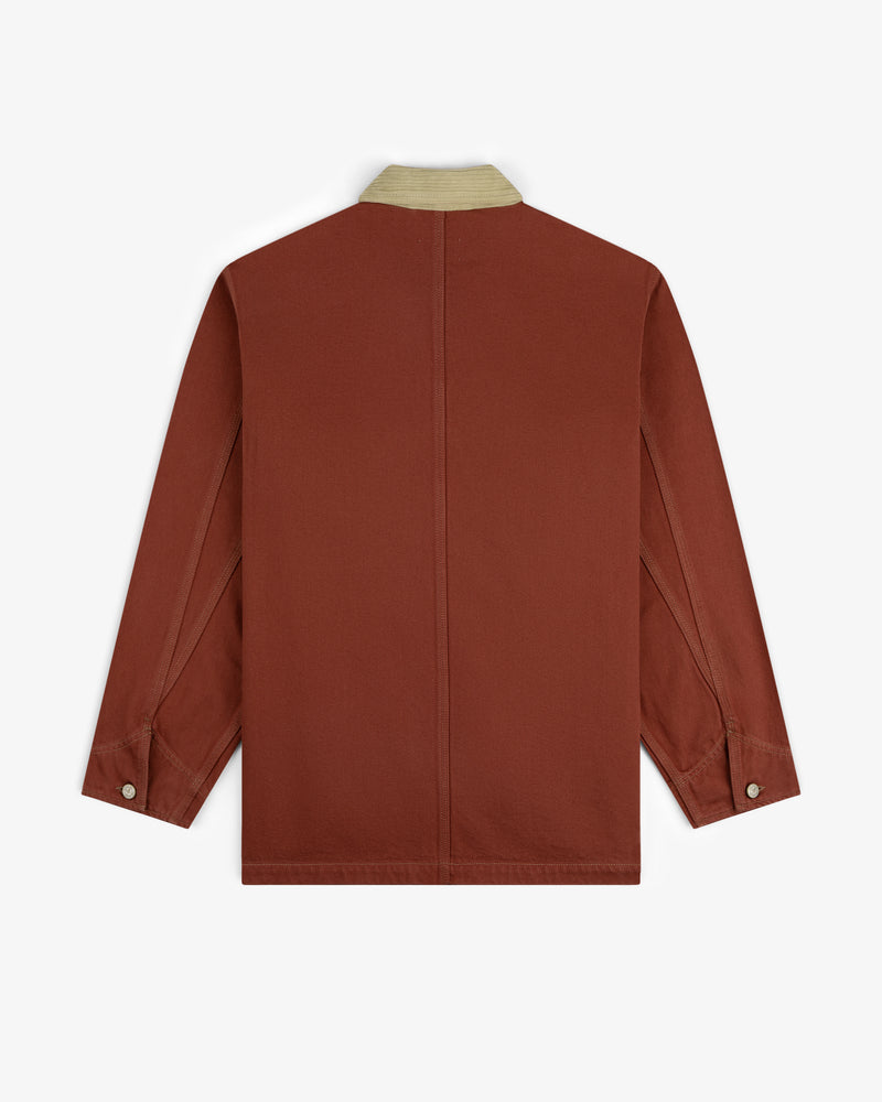 Back view of the Denim Barn Jacket in rust with a beige collar and buttoned cuffs, shown on a white background.