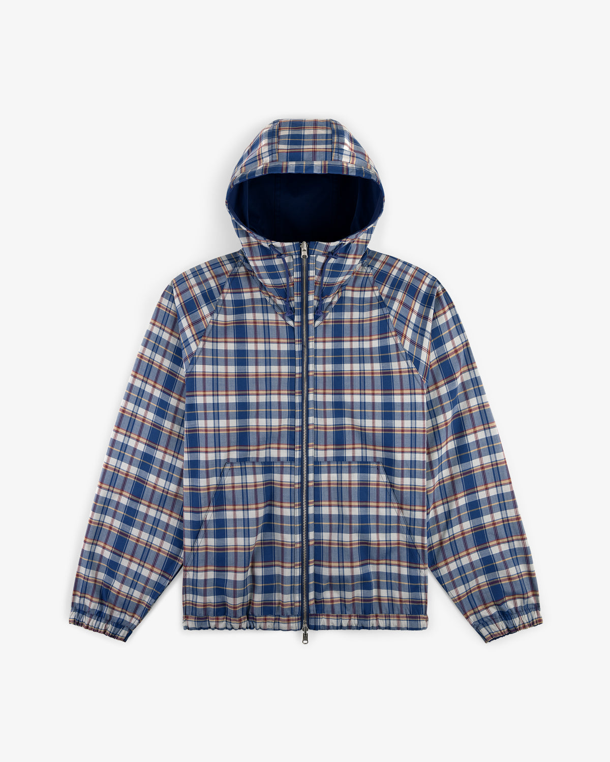 Reversible Madras Windbreaker in blue, white, and tan plaid with hood, front zipper, elastic cuffs, and drawstring hem.