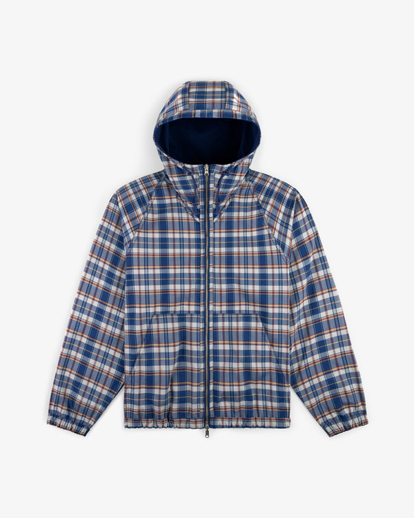 Reversible Madras Windbreaker in blue, white, and tan plaid with hood, front zipper, elastic cuffs, and drawstring hem.