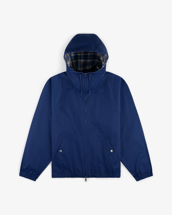 Reversible Madras Windbreaker with front zipper, plaid hood lining, snap pockets & elastic cuffs on white background.