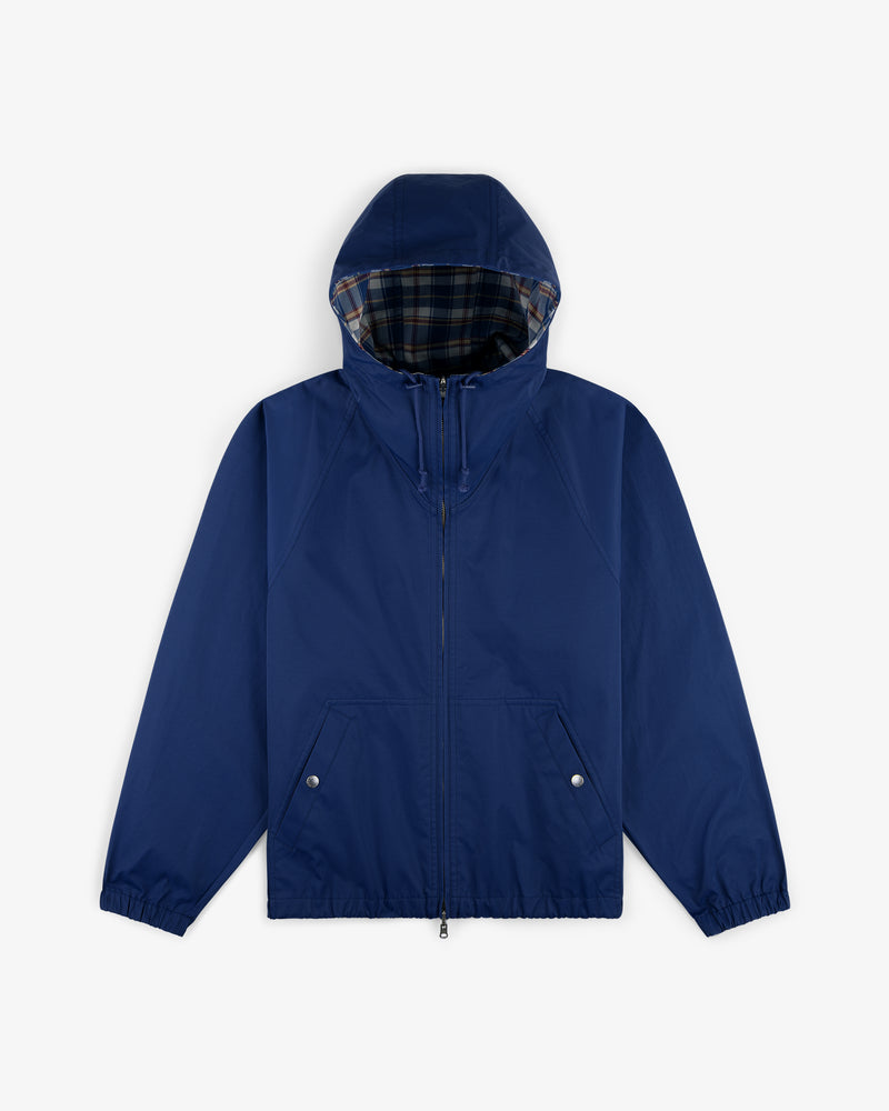 Reversible Madras Windbreaker with front zipper, plaid hood lining, snap pockets & elastic cuffs on white background.
