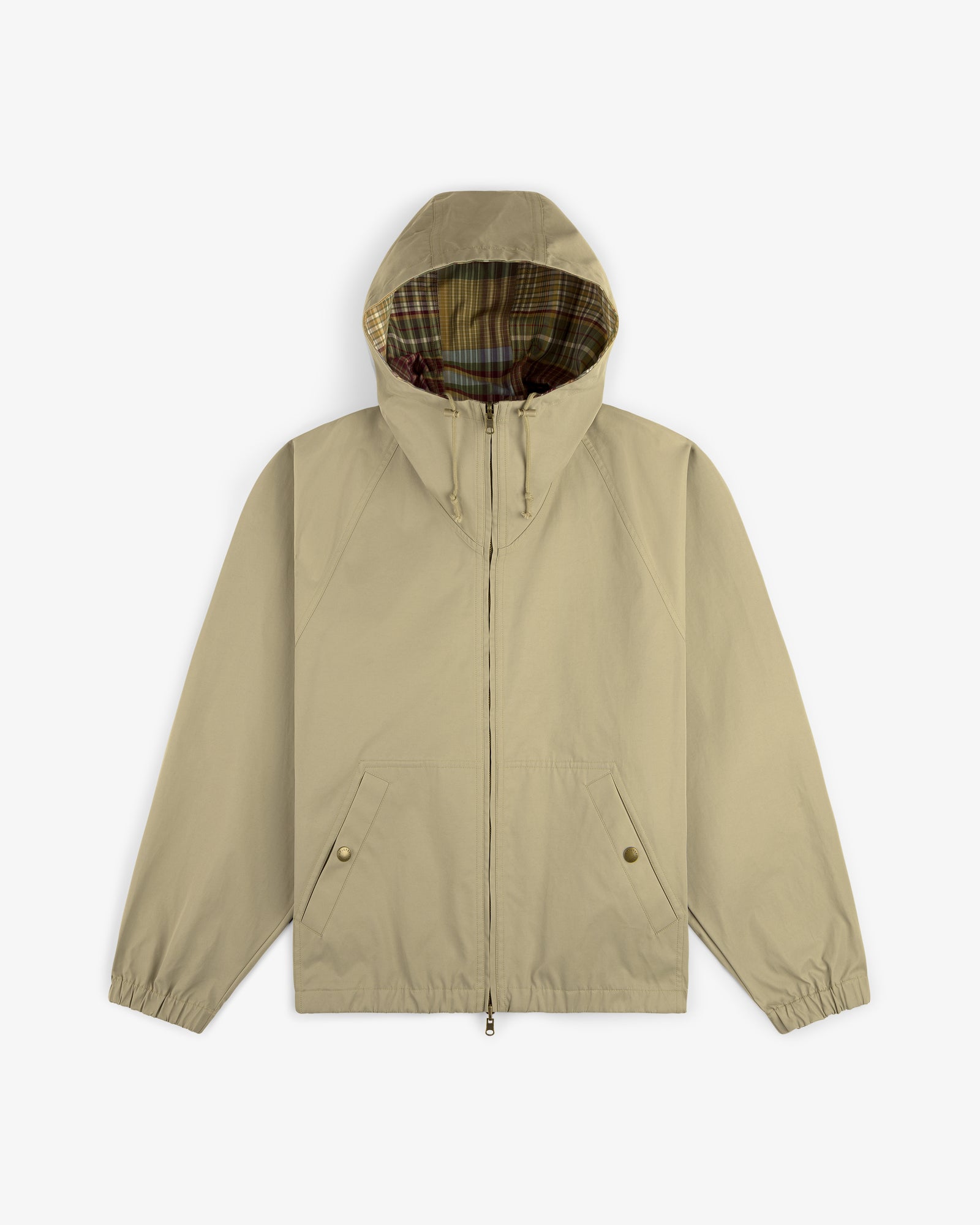 Reversible Madras Windbreaker with front zipper, snap pockets, and plaid-lined hood, shown on white background.