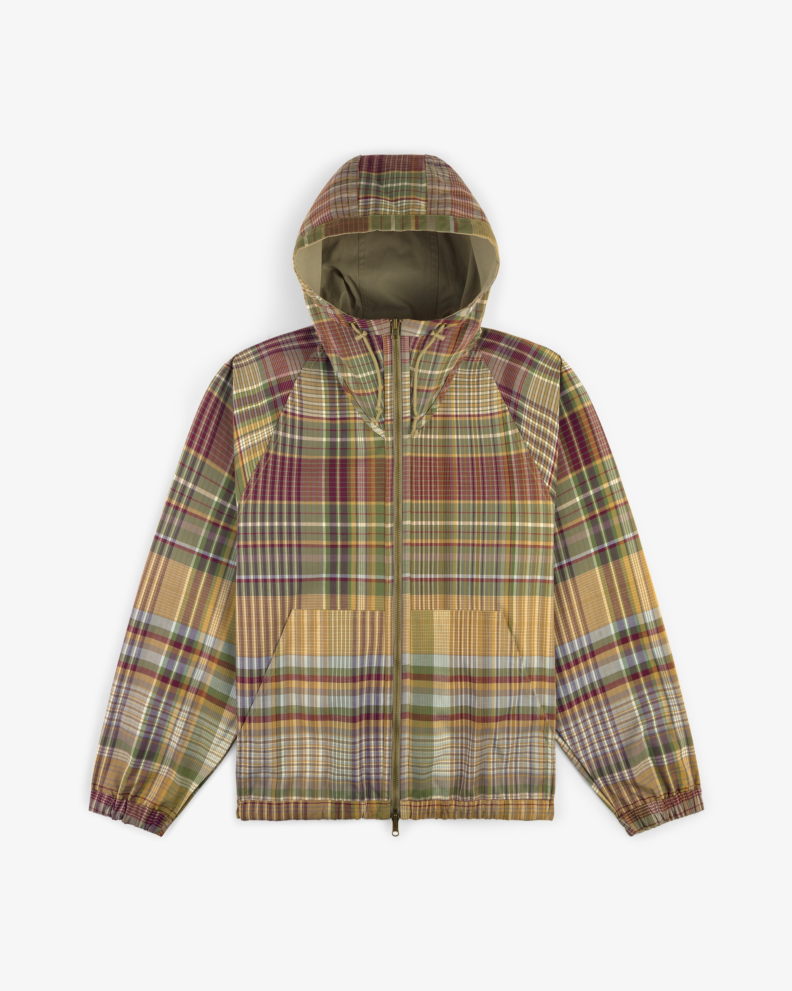 Reversible Madras Windbreaker with multicolored plaid, front zipper, and two pockets, shown on white background.